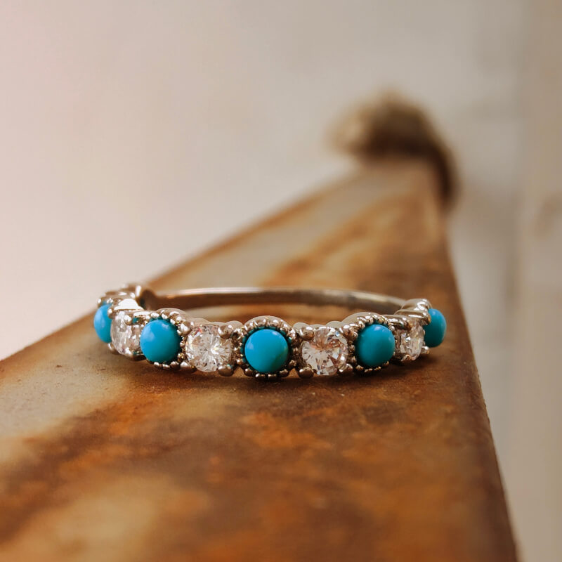 Silver Round Turquoise Diamond Band Ring