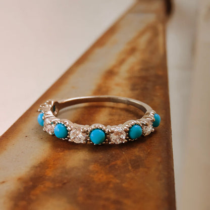 Silver Round Turquoise Diamond Band Ring
