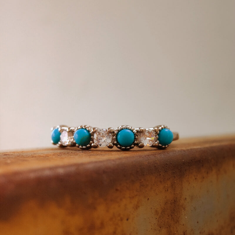 Silver Round Turquoise Diamond Band Ring