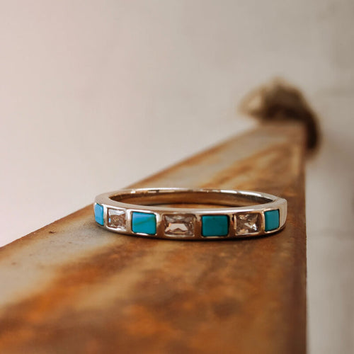 Square Turquoise Inlay Diamond Band Ring