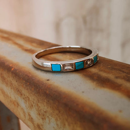 Square Turquoise Inlay Diamond Band Ring