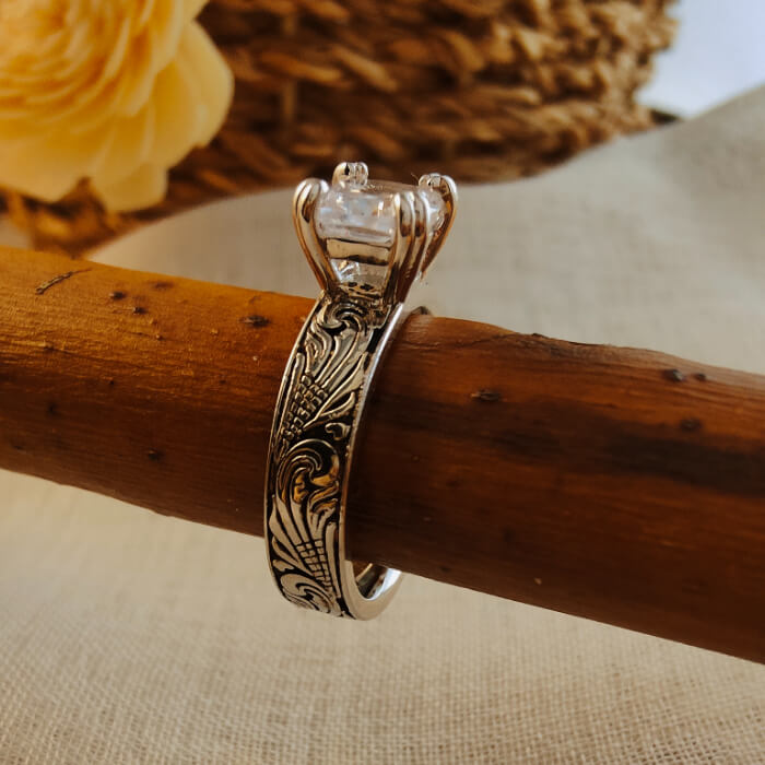 Flower Engraved Promise Western Diamond Ring