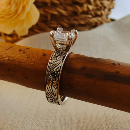Flower Engraved Promise Western Diamond Ring