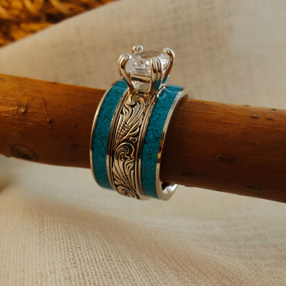 3pc Sterling Silver Crush Turquoise Diamond Ring Set