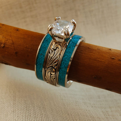 3pc Sterling Silver Crush Turquoise Diamond Ring Set