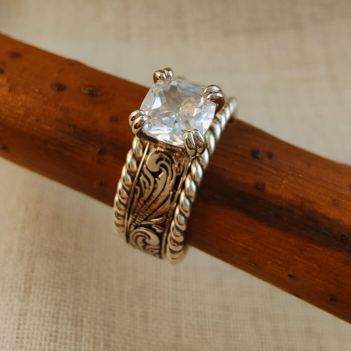 3pc Sterling Silver Twist Western Diamond Ring Set
