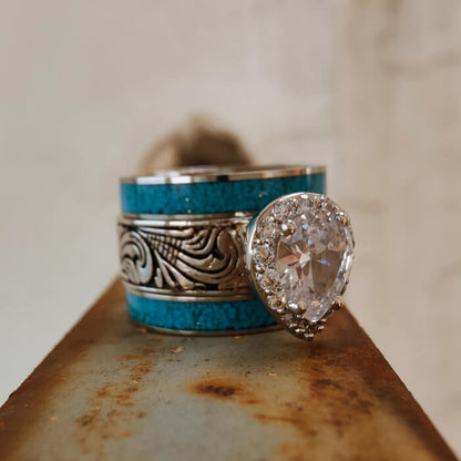 3pc Sterling Silver Crush Turquoise Diamond Ring Set