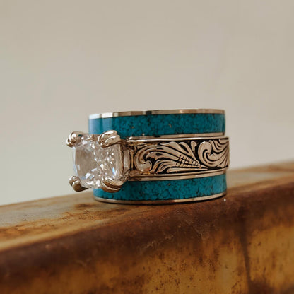 3pc Sterling Silver Crush Turquoise Diamond Ring Set