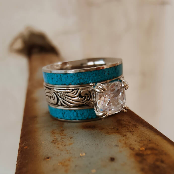3pc Sterling Silver Crush Turquoise Diamond Ring Set