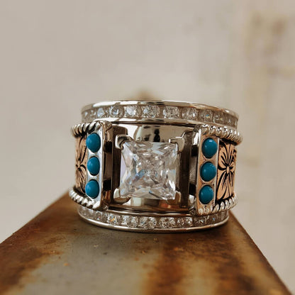 3pc Sterling Silver Western Turquoise and Diamond Ring