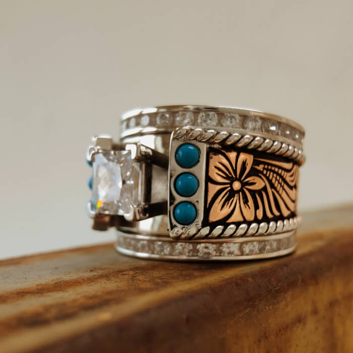 3pc Sterling Silver Western Turquoise and Diamond Ring