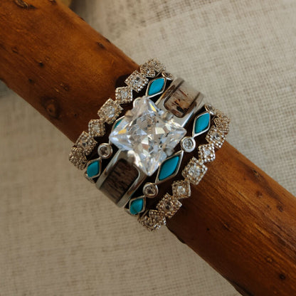 5pc Silver Square Diamond Antler Turquoise Engagement Ring
