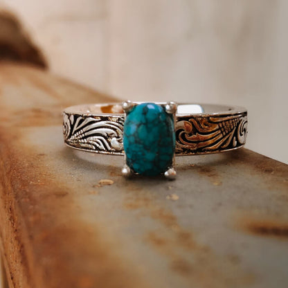 Flower Engraved Oval Nature Turquoise Western Ring