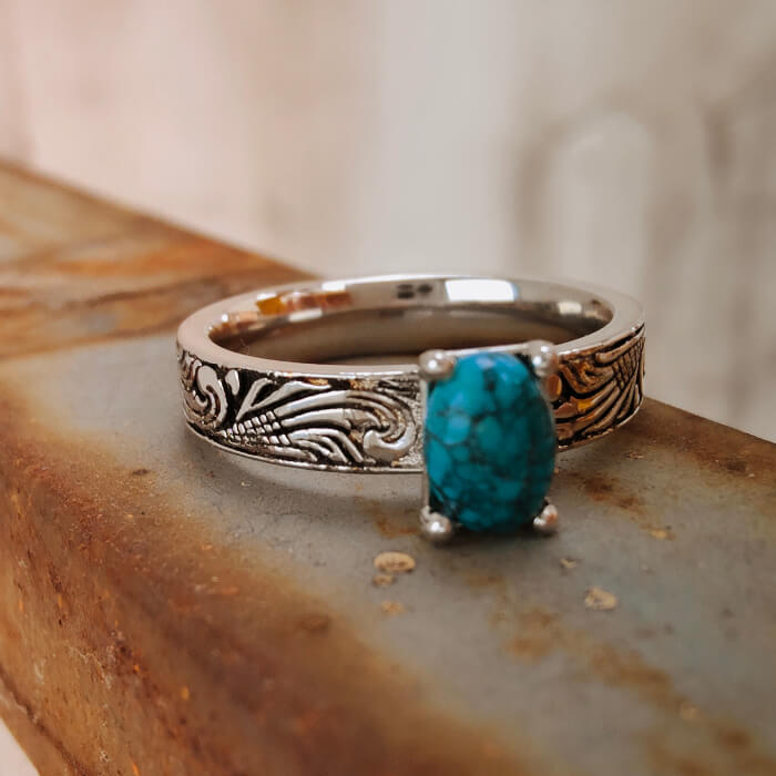 Flower Engraved Oval Nature Turquoise Western Ring