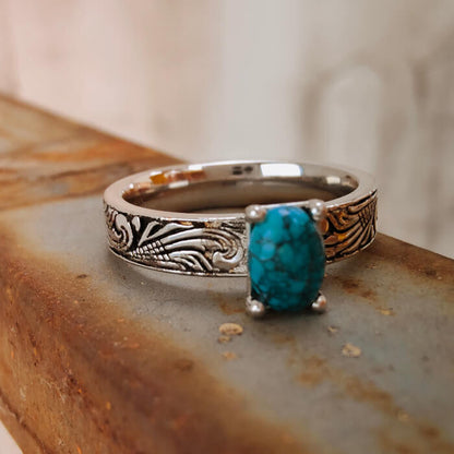 Flower Engraved Oval Nature Turquoise Western Ring