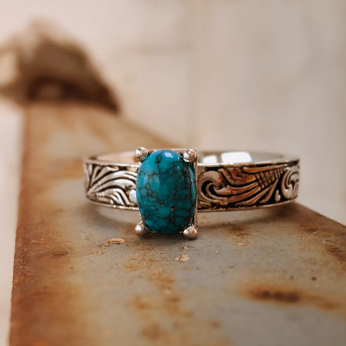 Flower Engraved Oval Nature Turquoise Western Ring