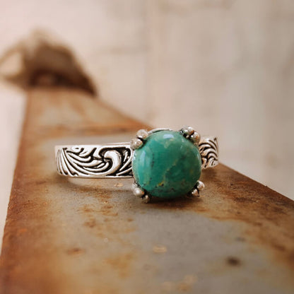 Women Flower Engraved Round Turquoise Western Ring