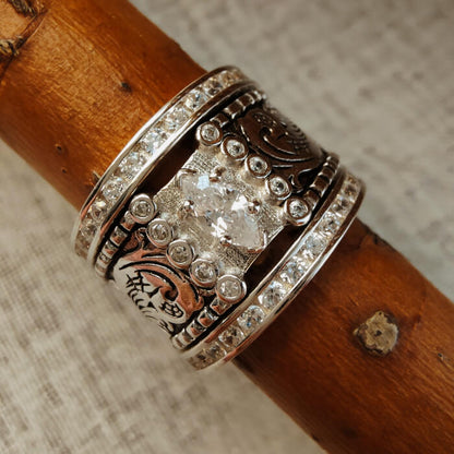 Women Engraved Wide Band Marquise Diamond Western Engagement Ring