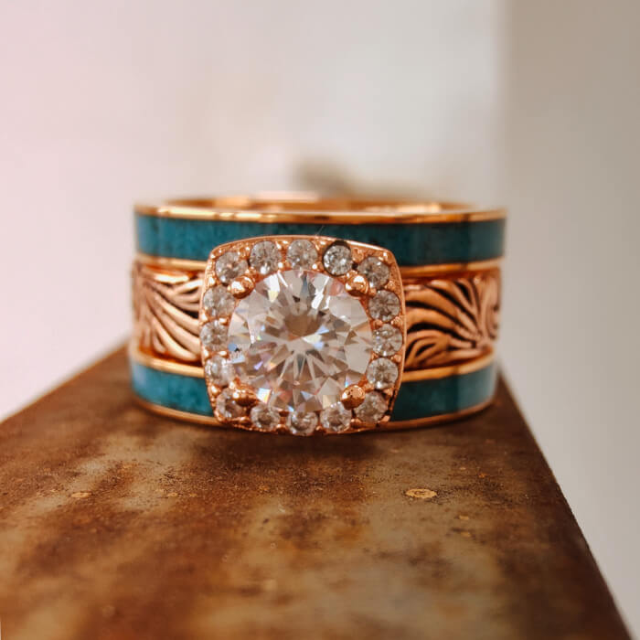 3pc Round Moissanite Rose Gold Western Engagement Turquoise Rings