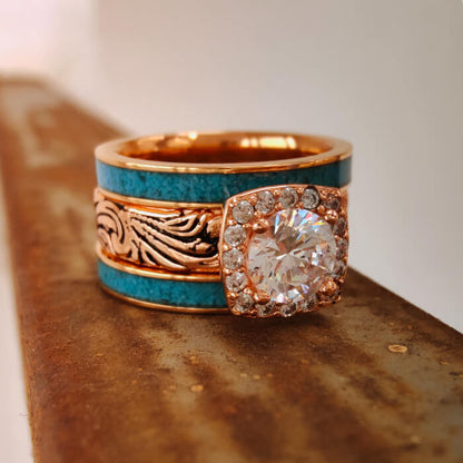 3pc Round Moissanite Rose Gold Western Engagement Turquoise Rings
