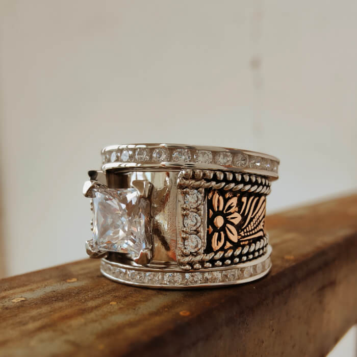 3pc Sterling Silver Flower Engraved Diamond Western Engagement Rings