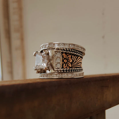 3pc Sterling Silver Flower Engraved Diamond Western Engagement Rings