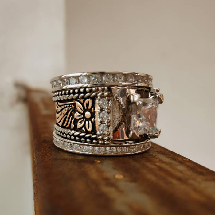 3pc Sterling Silver Flower Engraved Diamond Western Engagement Rings