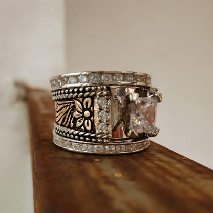 3pc Sterling Silver Flower Engraved Diamond Western Engagement Rings