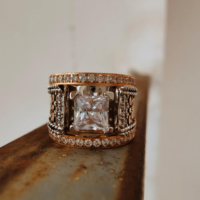 3pc Rose Gold Flower Square Diamond Western Promise Rings