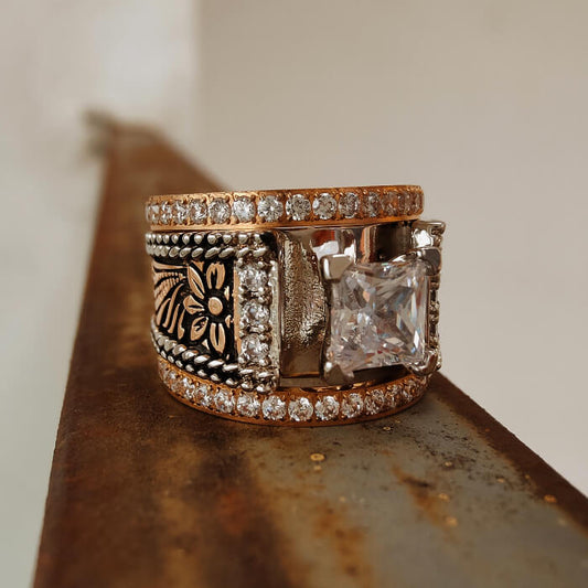 3pc Rose Gold Flower Square Diamond Western Promise Rings