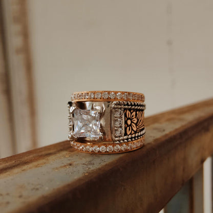 3pc Rose Gold Flower Square Diamond Western Promise Rings