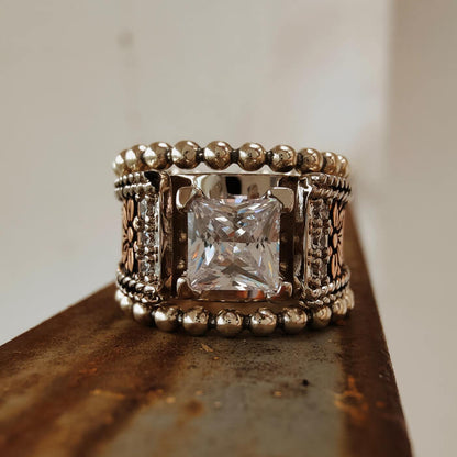 3pc Sterling Silver Retro Flower Square Moissanite Western Promise Rings