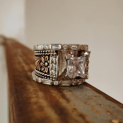 3pc Sterling Silver Vintage Flower Square Diamond Western Promise Rings