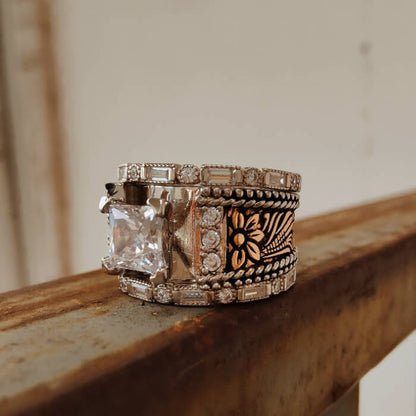 3pc Sterling Silver Vintage Flower Square Diamond Western Promise Rings