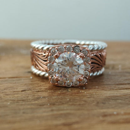 3pc Round Moissanite Rose Gold Western Promise Rings
