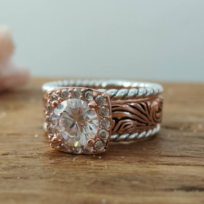 3pc Round Moissanite Rose Gold Western Promise Rings