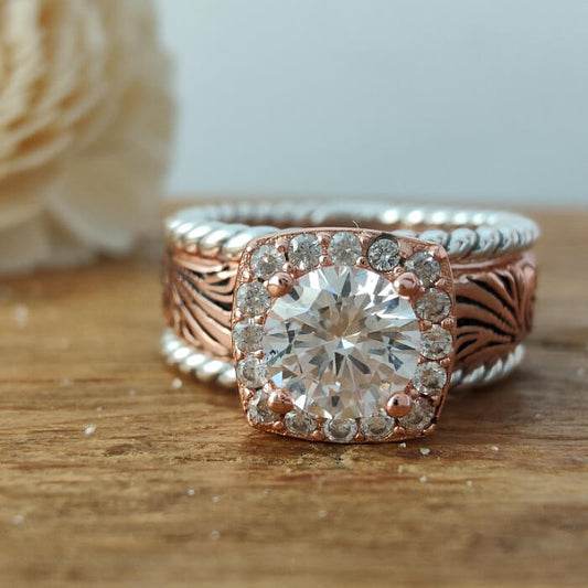 3pc Round Moissanite Rose Gold Western Promise Rings