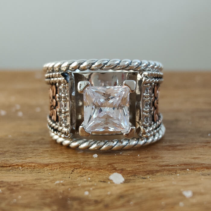 3pc Sterling Silver Twist Band Flower Western Engagement Rings