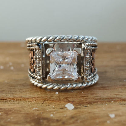 3pc Sterling Silver Twist Band Flower Western Engagement Rings