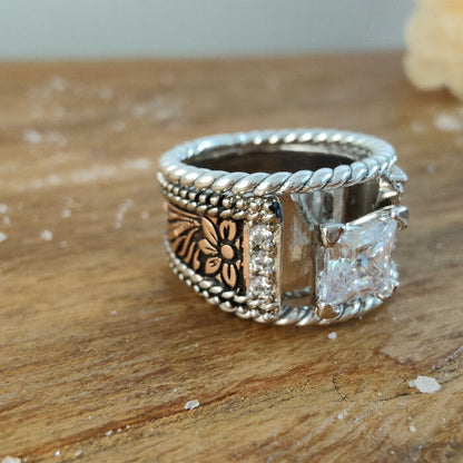 3pc Sterling Silver Twist Band Flower Western Engagement Rings