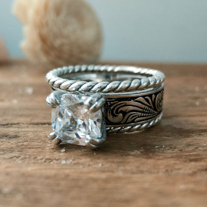 3pc Sterling Silver Twist Western Diamond Ring Set