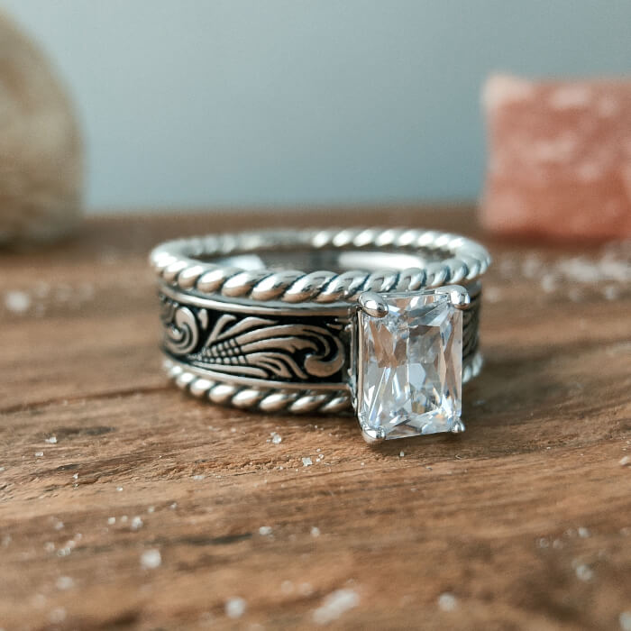 3pc Silver Twist Band Emerald Diamond Western Wedding Ring Set