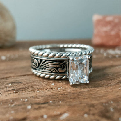 3pc Silver Twist Band Emerald Diamond Western Wedding Ring Set