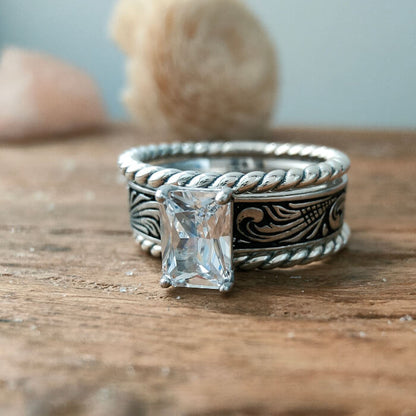 3pc Silver Twist Band Emerald Diamond Western Wedding Ring Set