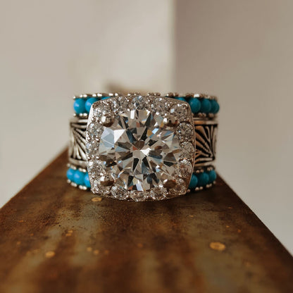 3pc Sterling Silver Flower Turquoise Western Diamond Ring