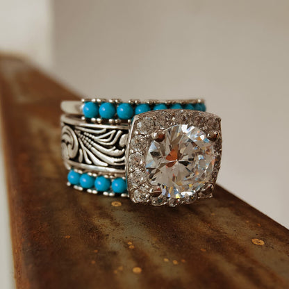 3pc Sterling Silver Flower Turquoise Western Diamond Ring