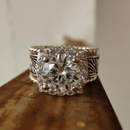 3pc Sterling Silver Twist Flower Western Engagement Ring Set