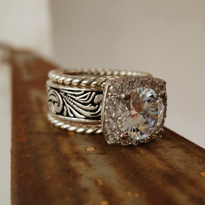 3pc Sterling Silver Twist Flower Western Engagement Ring Set