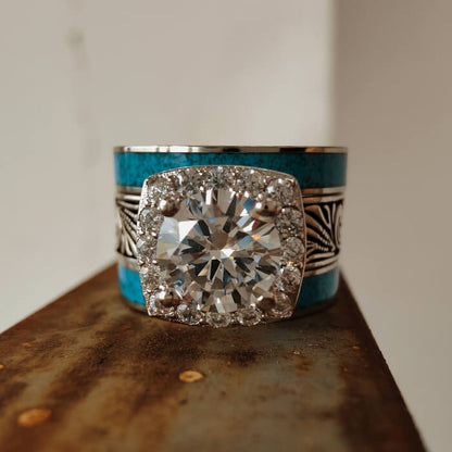 3pc Steel Western Turquoise And Diamond Ring