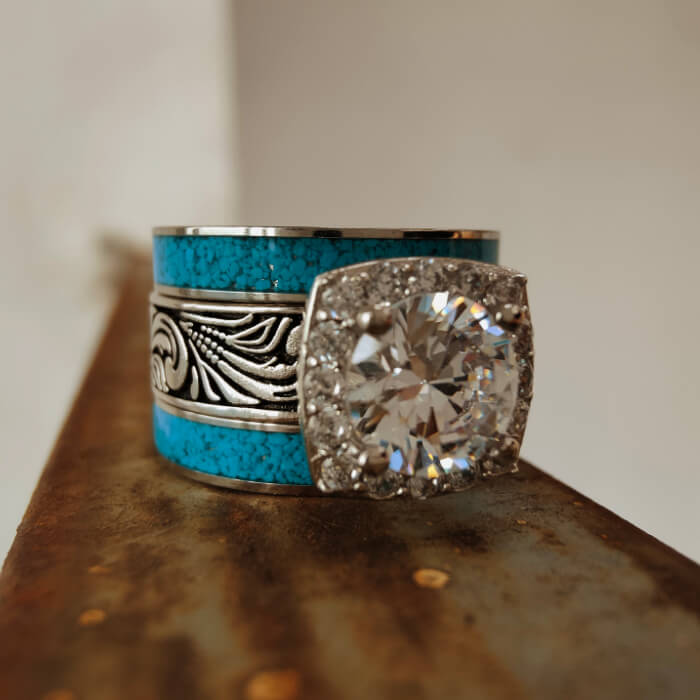 3pc Steel Western Turquoise And Diamond Ring